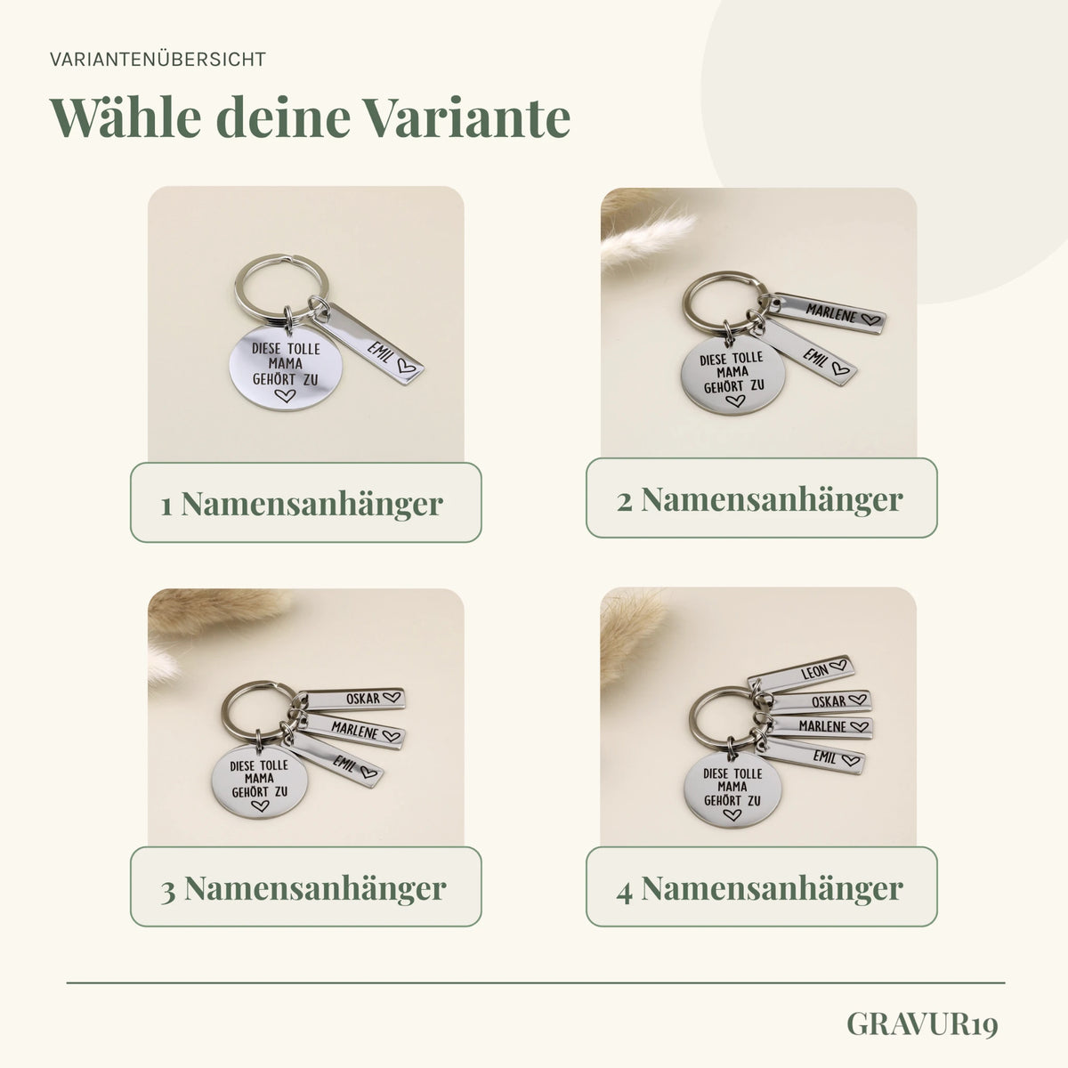 Variantenübersicht des Tolle-Mama-Schlüsselanhängers „Diese tolle Mama gehört zu“ mit einem bis vier Namensanhängern