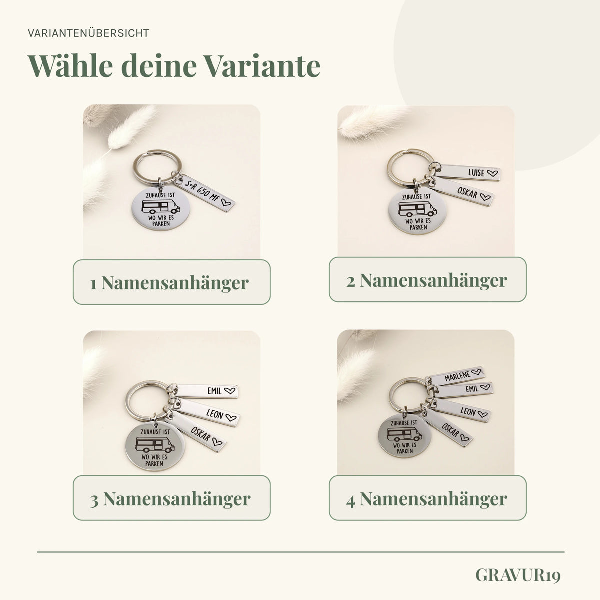 Varianten des Wohnmobil-Schlüsselanhängers mit einem bis vier personalisierten Namensanhängern.