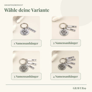 Varianten des Wohnmobil-Schlüsselanhängers mit einem bis vier personalisierten Namensanhängern.
