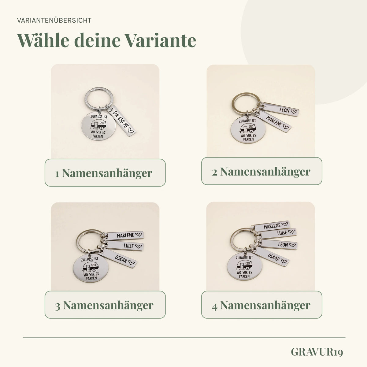 Varianten des Wohnwagen-Schlüsselanhängers mit einem bis vier personalisierten Namensanhängern.